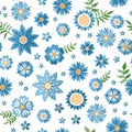 Embroidery blue flowers in folk style on white background. Vector print