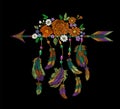 Embroidery boho native american indian arrow feathers flowers. Clothes ethnic tribal fashion design decoration patch