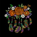 Embroidery boho native american indian feathers flowers arrangement. Clothes ethnic tribal fashion design decoration