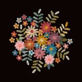 Embroidery. Bouquet with beautiful bright flowers and leaves. Colorful floral composition on black background.