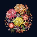 Embroidery bouquet with beautiful bright flowers and leaves. Colorful floral composition on black background