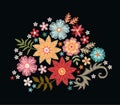 Embroidery bouquet of colorful flowers on black background. Vector fashion ornament