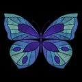 Embroidery butterflie. Floral butterfly, blue flying insect. Textile decoration, fashion graphic patches. Stitch