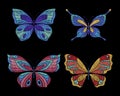 Embroidery butterflies. Floral butterfly, orange blue flying insects. Textile decoration, fashion graphic patches