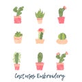 Embroidery Cactus icon set. Cute succulent fashion embroidery for fabric design or clothes in scandinavian style