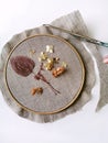 Embroidery on Canvas and hoop, needlework from dry hydrangea flowers and leaves, handmade steps