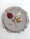 Embroidery on Canvas and hoop, needlework from dry hydrangea flowers and leaves, handmade steps