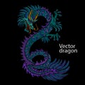 Embroidery of Chinese dragon. Classical embroidery asian blue dragon. Japanese dragon. Vector art with dragons for t