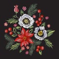 Embroidery christmas pattern with flowers, pine and mistletoe.