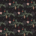 Embroidery christmas seamless pattern with hearts, pine and snow balls.