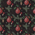 Embroidery christmas seamless pattern with mushrooms, pine cones and balls.