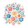 Embroidery circle pattern with beautiful flowers. Colorful bouquet isolated on white background. Floral vector illustration