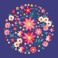 Embroidery circle pattern with colorful summer flowers. Embroidered composition for cards, t-shirts. Floral vector illustration