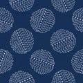 Embroidery Circle Sashiko Kantha Vector Pattern. Asian Needlework Seamless Background. Indigo Blue Style. Running Hand Stitch