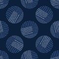 Embroidery Circle Sashiko Kantha Vector Pattern. Asian Needlework Seamless Background. Indigo Blue Style. Running Hand Stitch