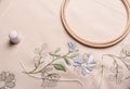 Embroidery. The cloth, thread, thimble, embroidery hoop. Close-up Royalty Free Stock Photo