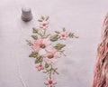 Embroidery. The cloth, thread, thimble. Top view Royalty Free Stock Photo