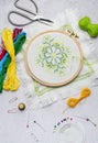 Embroidery with colored threads and various sewing accessories Royalty Free Stock Photo