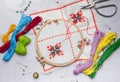 Embroidery with colored threads and various sewing accessories Royalty Free Stock Photo