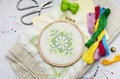 Embroidery with colored threads and various sewing accessories Royalty Free Stock Photo