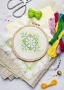 Embroidery with colored threads and various sewing accessories Royalty Free Stock Photo