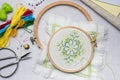 Embroidery with colored threads and various sewing accessories Royalty Free Stock Photo