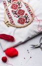 Embroidery with colored threads and various sewing accessories Royalty Free Stock Photo