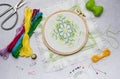 Embroidery with colored threads and various sewing accessories Royalty Free Stock Photo