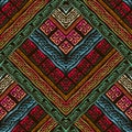 Embroidery colorful 3d geometric vector seamless pattern. Greek key meander grunge background. Abstract tapestry ethnic style