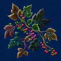 Embroidery colorful decorative 3d branches with berries seamless pattern. Denim jeans textured embroidered floral vector