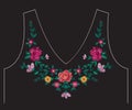 Embroidery colorful ethnic neck line floral pattern with roses.