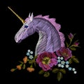 Embroidery colorful floral pattern with dog roses and forget me not flowers. unicorn Vector traditional folk fashion ornament on b Royalty Free Stock Photo