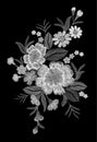 Embroidery colorful floral pattern with dog roses and forget me not flowers. Vector traditional folk fashion ornament on black bac