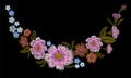 Embroidery colorful floral pattern with dog roses and forget me not flowers. Vector traditional folk fashion ornament on Royalty Free Stock Photo