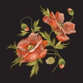 Embroidery colorful floral pattern with poppy flowers.