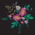 Embroidery colorful floral pattern with vinous dog rose.