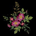 Embroidery colorful floral pattern with vinous dog roses. Royalty Free Stock Photo