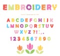 Embroidery colorful font design. Isolated on white.