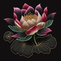 Embroidery colorful lotus flowers, leaves on black background. Tapestry floral decorative vector wallpaper illustration with