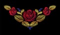 Embroidery crewel flower necklace traditional ornament decoration red roses leaves blueberry rich glowing golden gold