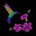 Embroidery crewel hummingbird bird flying petunia flower decoration patch print illustration