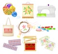 Embroidery and Cross Stitch Art Supplies with Tambour and Canvas Vector Set Royalty Free Stock Photo