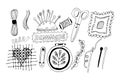 Embroidery and cross stitch kit icons Set: tambour, scissors, floss, thread, needles. Handmade tools doodles collection. Black and