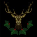 Embroidery cute deer face with Christmas mistletoe wreath, horn-deer for fashion design wearing. Embroidered patch.