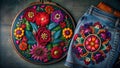 Embroidery on denim clothes. Handicrafts with multi-colored threads.