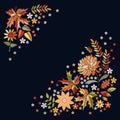 Embroidery design with flowers and leaves in autumn colors. Floral composition on black background