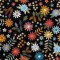 Embroidery design. Seamless pattern with colorful flowers, leaves and berries on black background Royalty Free Stock Photo