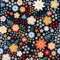 Embroidery ditsy floral seamless pattern. Beautiful summer flowers and leaves on black background. Vector illustration.