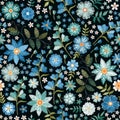 Embroidery ditsy seamless pattern with beautiful wild flowers in blue colors. Trendy print for fabric, textile, wrapping paper