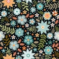 Embroidery ditsy seamless pattern with beautiful wild flowers. Floral print for fabric and textile. Vector embroidered